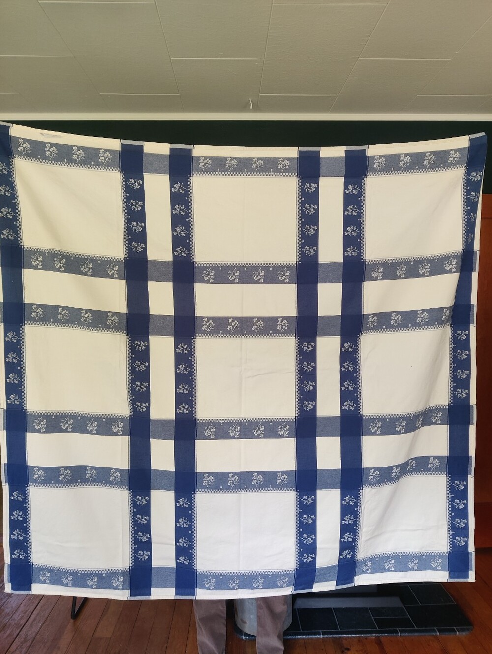 Cotton Blue and White Checked Tablecloth With Floral Detail, From France, NWOT